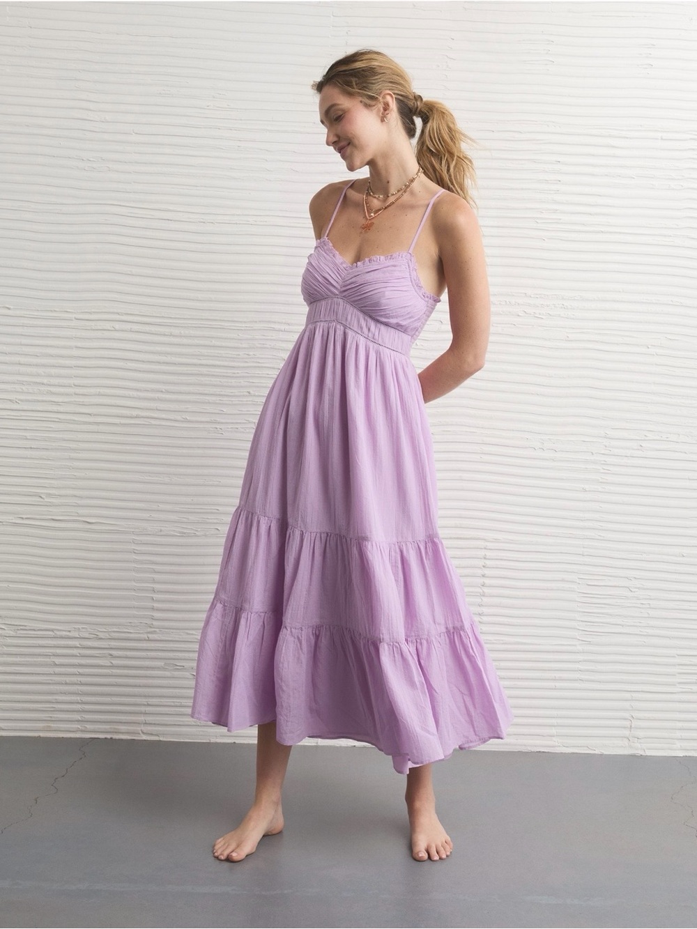 American Eagle Lavender V-Neck Babydoll Midi Dress